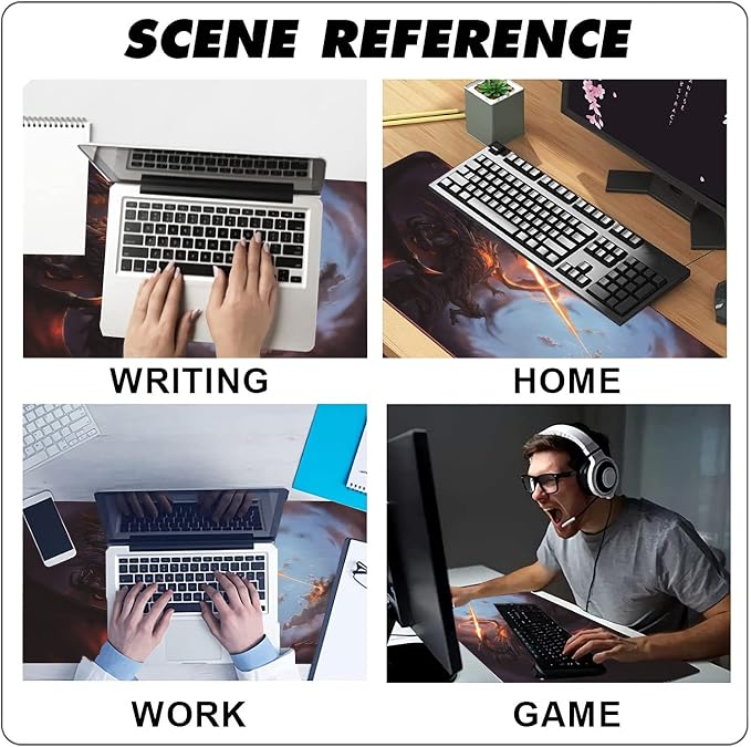 Extended Large Gaming Mouse Pad Cool Dragon Flame XXL Size Keyboard Mouse Mat Desk Pad with Non Slip Rubber Base Stitched Edges Office Decor for Women Girls Men,35.4 x 15.7inch