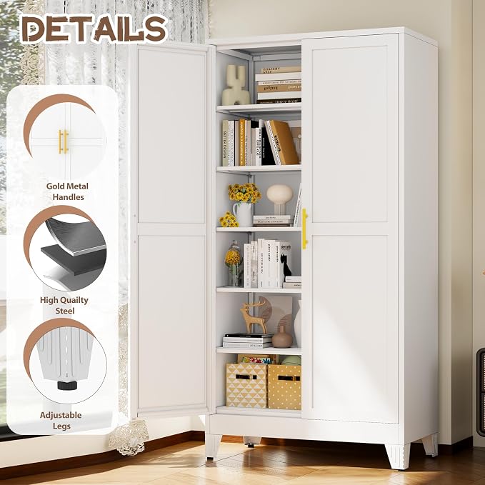 78.7" Tall Metal Pantry Cabinet, Freestanding Kitchen Storage Cabinet | with 2 Doors and 5 Adjustable Shelves, Versatile Storage Cupboard for Kitchen, Laundry, Dining & Utility Room, White