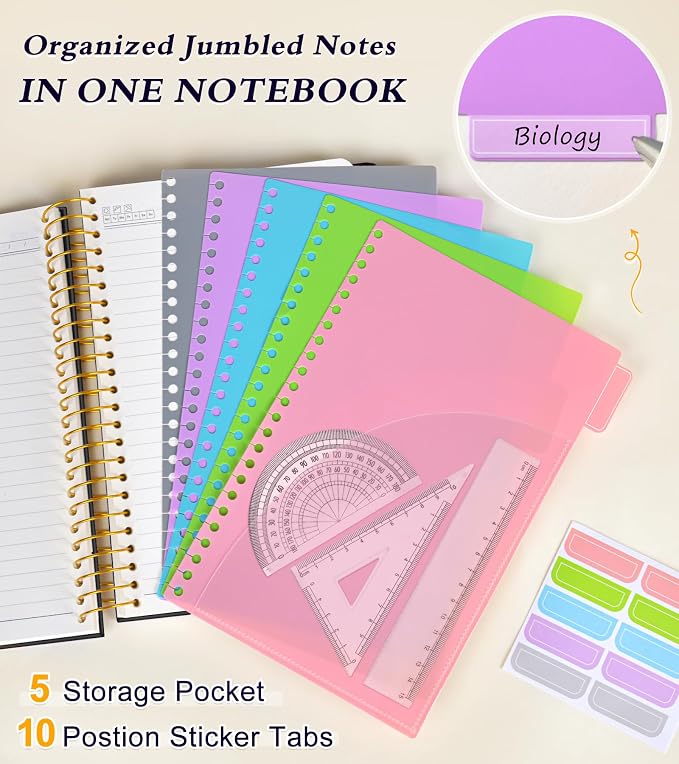 5 Subject Notebook College Ruled with Removable Pocket Dividers Tabs, 240 Pages Spiral Notebook 8.5 x 11, Lined Journal Notebook for Women , Hardcover Notebooks for Work School Note taking A4 Black
