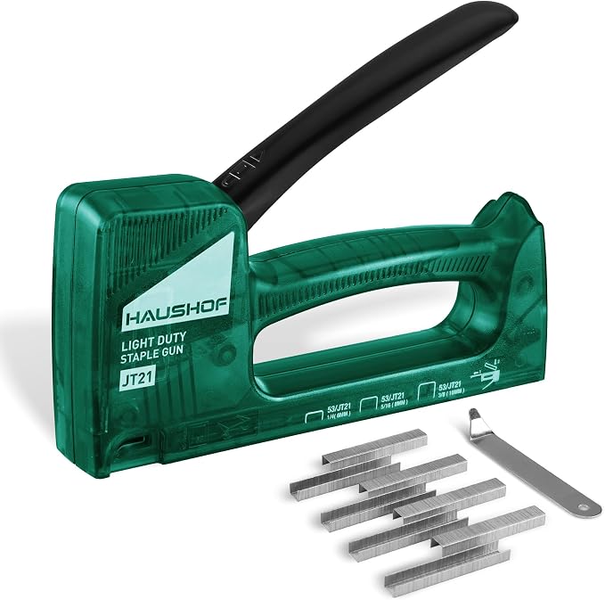 HAUSHOF Light Duty Staple Gun, Upholstery Staple Gun with 800PCS JT21 Staples and Stapler Remover, Fits JT21 Staple of 1/4'', 5/16'' & 3/8'', Used for Wood, Classroom, Crafts, DIY (Green Transparent) | Upholstery Staple Gun Fits JT21 Staple of 1/4'', 5...