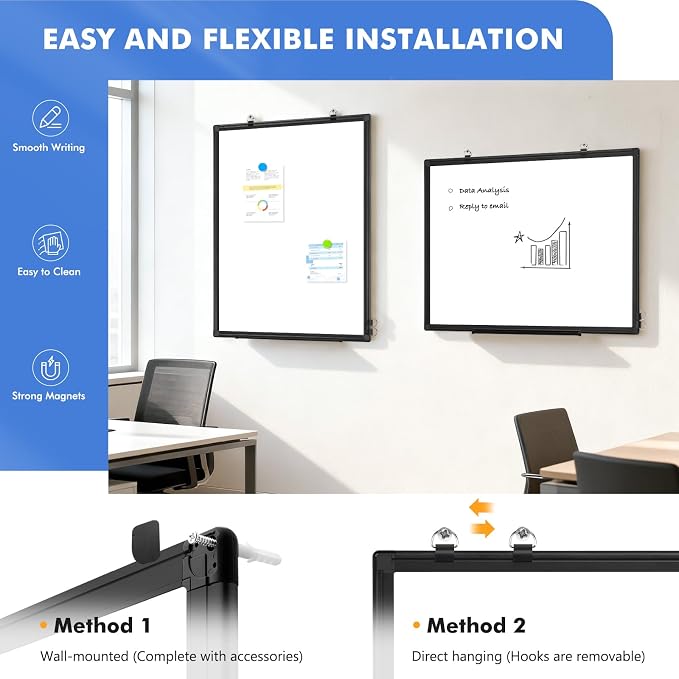 Double-Sided White Board Dry Erase Magnetic Whiteboard Wall 24x18 Black | Smooth Write & Clean, Durable 11-Layer, Aluminum Frame, Easy Wall Mount & Hanging, Full Kit for Home, Office, School