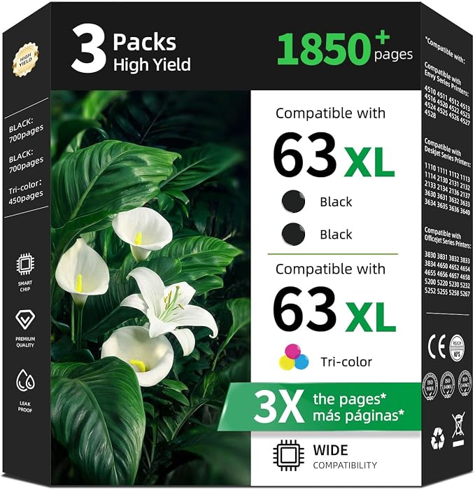 63XL Black Color Ink Cartridge Replacement for HP 63 XL 3 Pack 3830 4520 | for HP63 HP63XL to Printer OfficeJet DeskJet 5255 5200 3630 5258 5212 4655 4650 5222 4652 2132 3634 5252 1114 3632 3631 3636