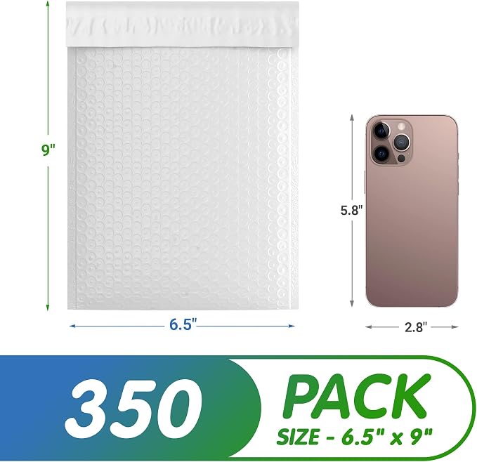 Poly Bubble Mailers, 6.5 x 9 Inch White Padded Mailers, Self Seal Shipping Envelopes, Lightweight Poly Mailer Bags, Waterproof Mailing Bags, Pack of 350