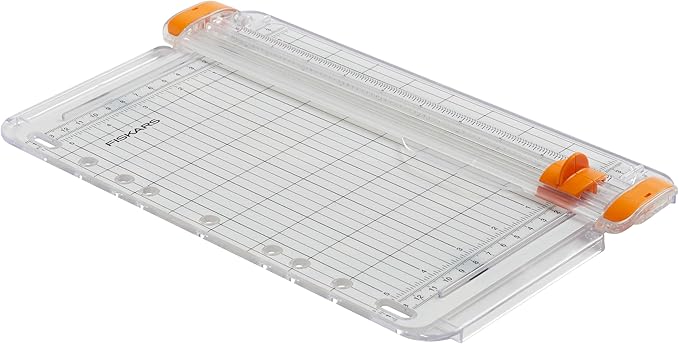 Fiskars SureCut Portable Paper Trimmer, 9" Cut Length for Cardstock and Photos, Fits in 3-Ring Binder for Travel, 10 Sheet Cutting Capacity, 9" Rail, Orange