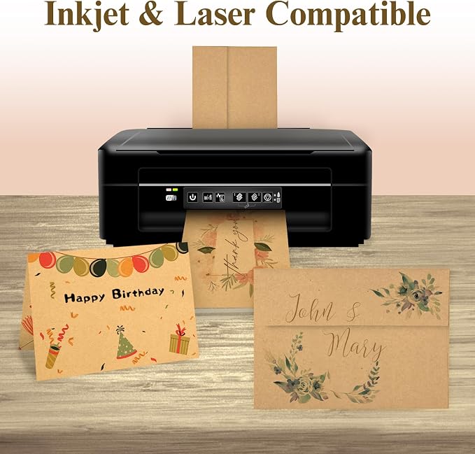 Goefun 100 Pack Brown Kraft Blank Cards and Envelopes 5x7 | Goefun A7 Envelopes Self Seal with Folded Brown Cardstock 5x7 for Invitations, Wedding, Birthday & All Occasions