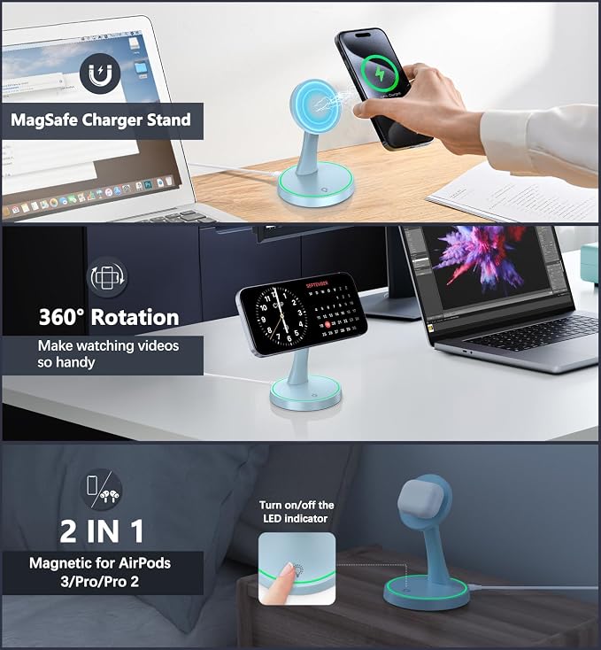Magnetic Wireless Charger Stand 15W Fast Magnetic Charger for iPhone 17 /17 pro/ 17 Air/ 17 pro max 16/15/14/13/12 Series Magnet Wireless Charging Station/Pad with Sleep-Friendly Light for AirPods