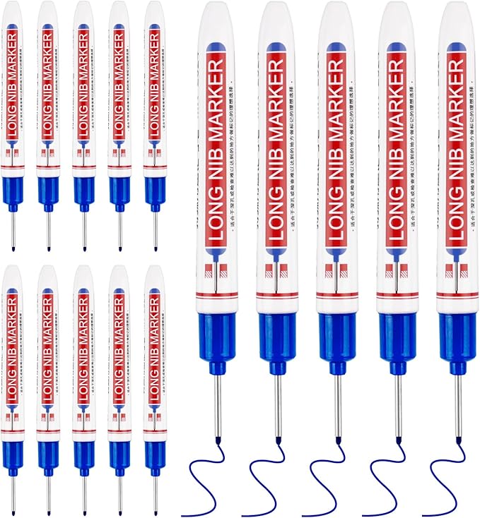 15 Pcs Long Nib Marker, 20 mm Long Head Deep Hole Marker Pens, Fine Nose Tip Deep Reach Permanent Paint Markers for Metal, Marking Pen for Drilling, Carpenter, Woodworking, Construction (Blue)