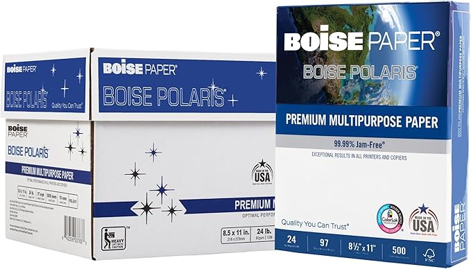 Boise Paper Premium Multipurpose Copy Paper | 8.5" x 11" Letter | 97 Bright White, 24 lb. | 10 Ream Carton (5,000 Sheets)