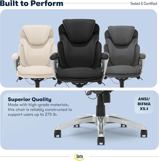 Serta Bryce Executive Office Chair - Ergonomic Computer DeskChair with Lumbar Technology - Adjustable Height - Memory Foam Body Pillows - 360° Swivel Rolling Base - Bonded Leather - Black