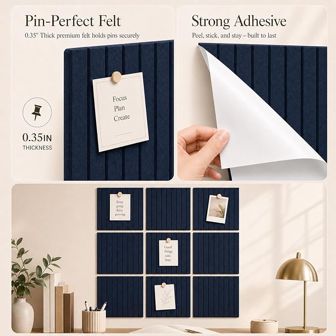 Stripe Felt Bulletin Board Tiles, Cork Board Alternative 48 x 36 in | 0.35 in modular felt wall tiles for notes, photos, schedules, reminders in offices, classrooms, home and office workspaces