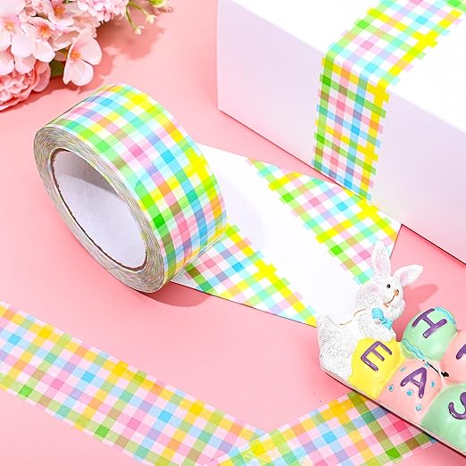 Whaline 109 Yard Easter Packing Tapes Spring Pastel Color Plaid Pattern Decorative Tape Waterproof Gift Wrapping Tape for Small Business DIY Crafts Box Carton Decor