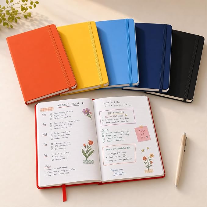 Hardcover-Journal-Notebooks, A5 Lined Journals Notebook for Writing 200 Pages, 8.2 x 5.5 inch, Classic Ruled Notebooks for Work/Travel/College (Black- 1 Pack)