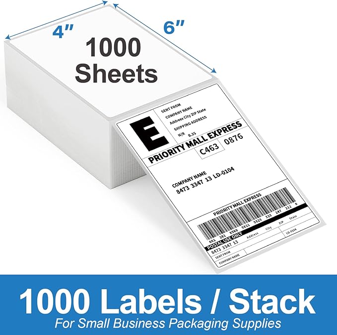 4000 4x6 Thermal Labels 1000/Stack, HUOJI Shipping Thermal Labels 4x6 Fanfold Compatible with Rollo, Zebra, MUNBYN Printers (Commercial Grade)