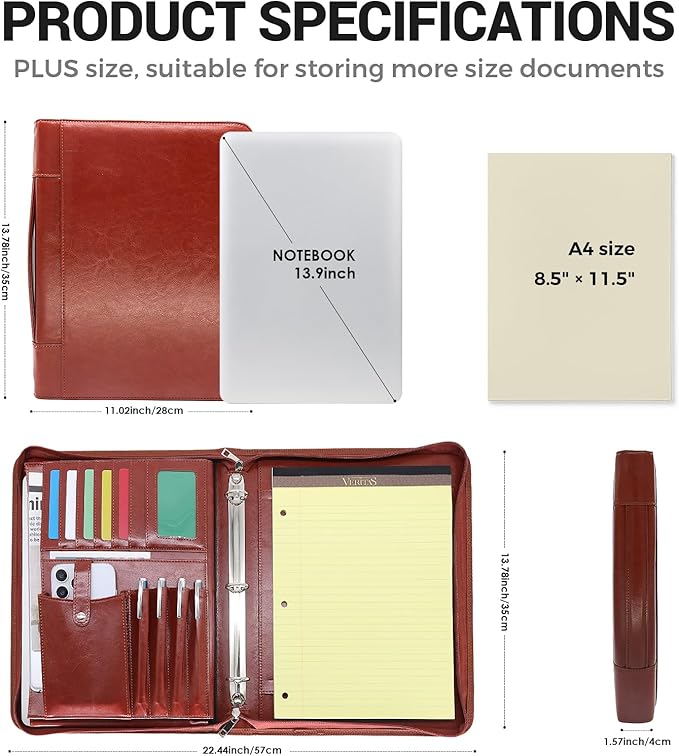 Faux Leather Portfolio with Handle – 3-Ring Padfolio Organizer for 13.9" Laptop/Tablet, A4 Legal Pad Holder, Multi-Pocket Business Folder for Work, Office & Meetings & Daily Commute (Brown)