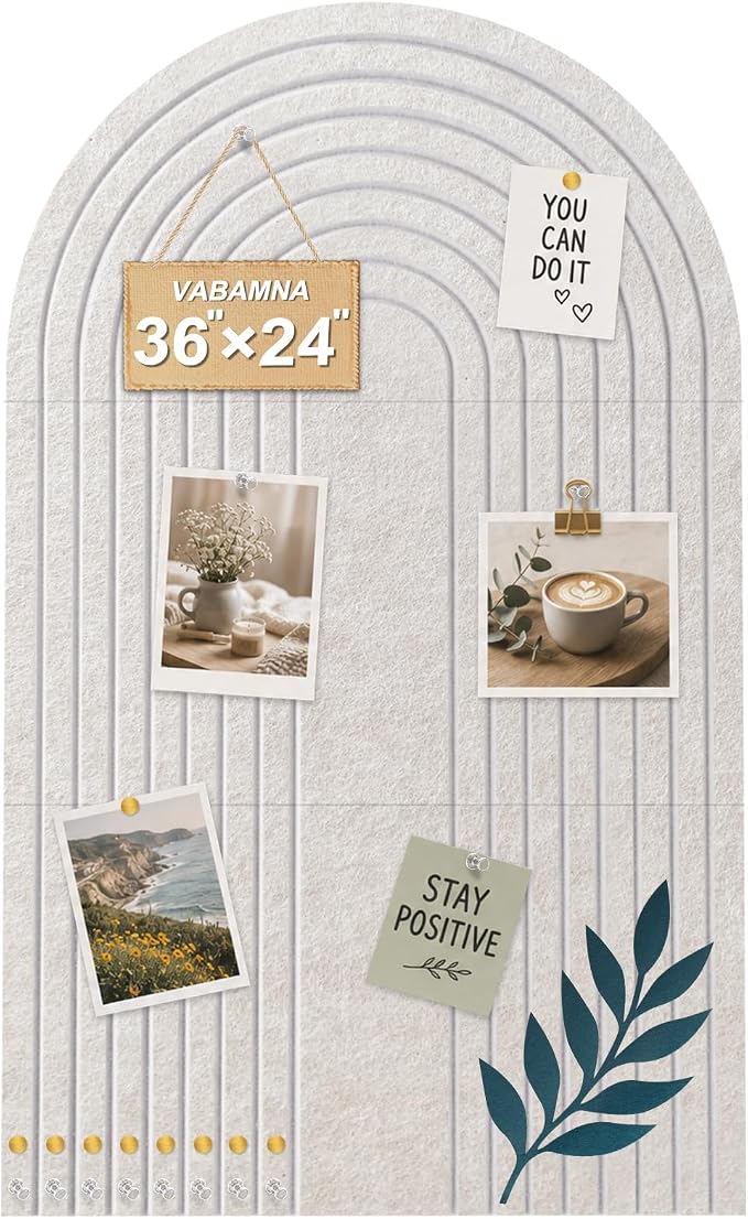 Large Arched Felt Bulletin Board, Stylish Sized 36" x 24" Cork Board Alternative with Grooved Pin Board for Office & Wall, 3 Foldable Customizable Adhesive Tiles with Pins for Photo Display, Oatmeal