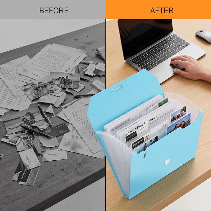 Comix Accordion File Organizer, 13 Pocket, Blue | Expanding File Folder, A5/Letter Size Documents, Includes Labels, For Office, Home, School