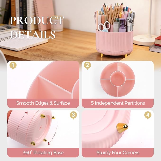 Pencil Pen Holder for Desk, 5 Slots 360 - Degree Rotating Desktop Organizer, Cute Desk Organizers and Accessories for School, Home, Office and Art Supply, Pink
