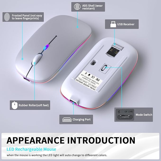Wireless Bluetooth Mouse – Rechargeable, Silent, Dual Mode (Bluetooth 5.2 & USB) with LED Lights – Portable for Laptop, Desktop, & Tablet(Silver)