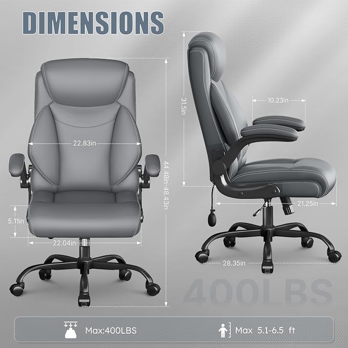 Ergonomic Office Chair, Big and Tall Office Chair, Executive Chair- Padded Leather Comfy Chair with Adjustable Lumbar Support & Flip-Up Arms, Rocking Swivel Chair for Home Office,Gray