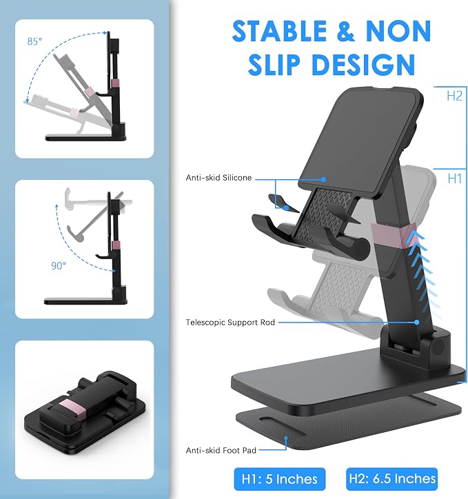 Cell Phone Stand for Desk, Adjustable Height & Angle Phone Holder, Foldable Portable Stand with Anti-Slip Silicone Pad, Compatible with iPhone and All Smartphones 4–8 Inch, Black