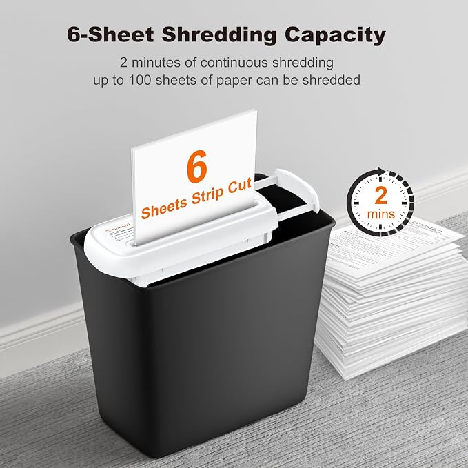 Bonsaii 6-Sheet Small Strip Cut Paper Shredder for Home,Without Basket | Extendable Arm Design, Overheat Protection, 3.4 Gal Wastebasket, Small Shredder for Home Office Use