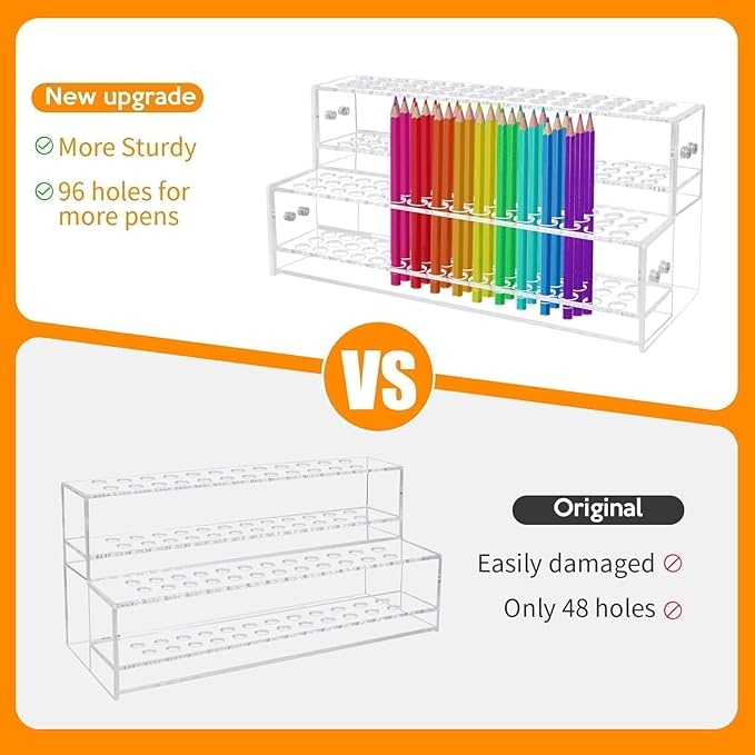 2PCS 96-Slots Pen Display Stand,2-Tier Acrylic Pen Holder for Craft Shows,12mm Beadable Pens Stand Paint Brush Holder Pencil Organizer Makeup Brush Rack Art Brush Organizer for Desk School Supplies