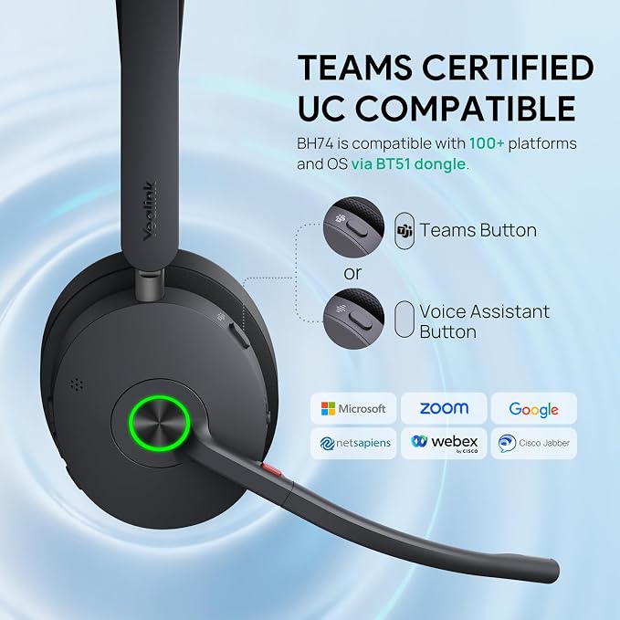 Yealink BH74 AI ANC Wireless Headset with Mic for Work with Charging Dock | 6 Hybrid ANC Mic Clear Call,Bluetooth Headset for Open Office Hybrid Work,Flip to Mute&32H Battery Life,UC Compatible,USB C/A