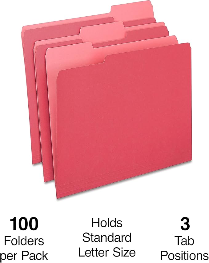 Staples File Folders, Letter Size, 1/3‑Cut Tabs, Red, Durable 10.5‑Point Paper Stock, 100/Pack