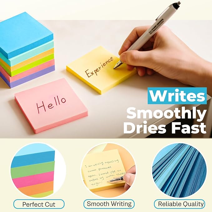 Sticky Notes 3x3 Inches, Bright Colors Self-Stick Pads, Easy to Post for Home, Office, Notebook,100 Sheets/pad (16 Pads)