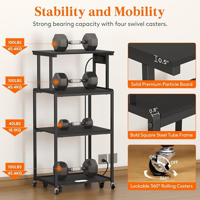 Lifewit 4 Tier Printer Stand with Power & Wheels, Office Cart, Black | Rolling cart with wheels and adjustable shelf, for shredder scanner fax, home office storage, holds 340 lbs heavy duty