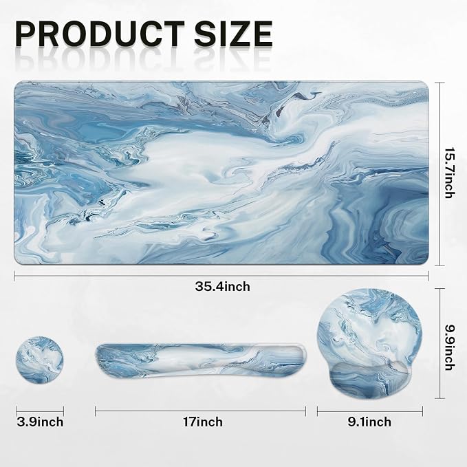 Arttown Keyboard Mouse Pad Set, 4 in 1 Desk Mat Set Marble Abstract | Ocean Blue Gradient Large Mousepad+Keyboard Wrist Rest+Mouse Wrist Rest+Coaster Ergonomic Design for Home Office Computer