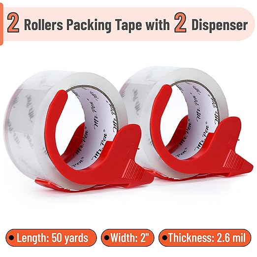 Mr. Pen- 2 Rolls Packing Tape with 2 Dispensers, 2” Wide, 50 Yards, Clear Packing Tape Heavy Duty for Mailing, Moving Boxes and Packaging