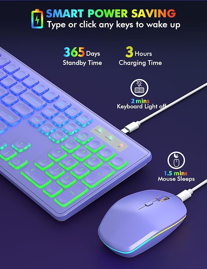 Wireless Keyboard and Mouse Combo with RGB Backlit, Rechargeable | Light Up Letters, Full-Size, Soft Typing, Sleep Mode, 2.4GHz Quiet Keyboard Set for Mac, Windows, Laptop, PC, Trueque KM42Pro