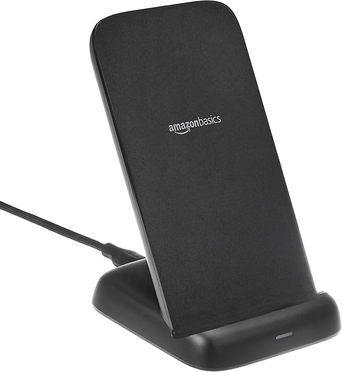 Amazon Basics Wireless Phone Charger Stand, 10W Qi Certified with USB Cable, Compatible with iPhone 16/15/14/13/12/11/X, Samsung & More, with USB Cable, Black (No AC Adapter)