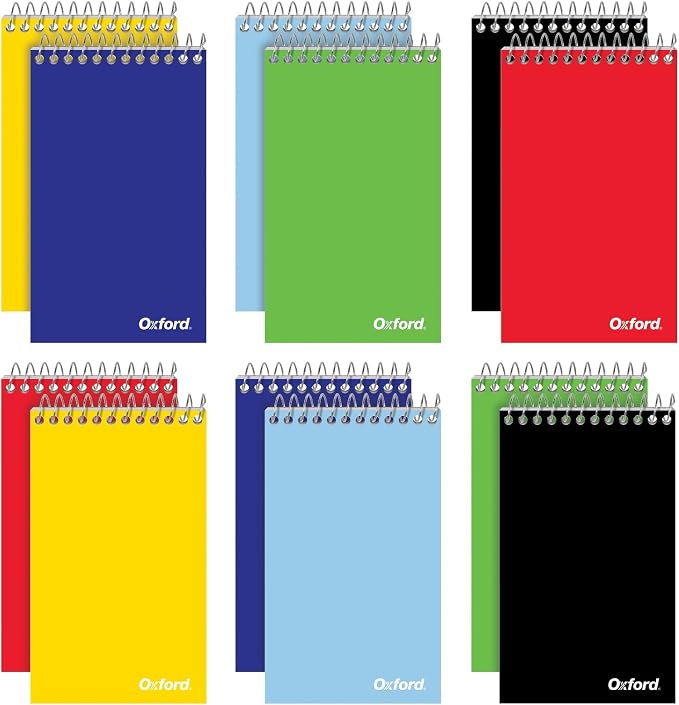 Oxford Spiral Memo Pads, Top Wire Bound, 3 x 5 Inch Pocket Notepad, College Ruled, 6 Assorted Primary Colors, 75 Sheets (25092), 12 Count (Pack of 12)