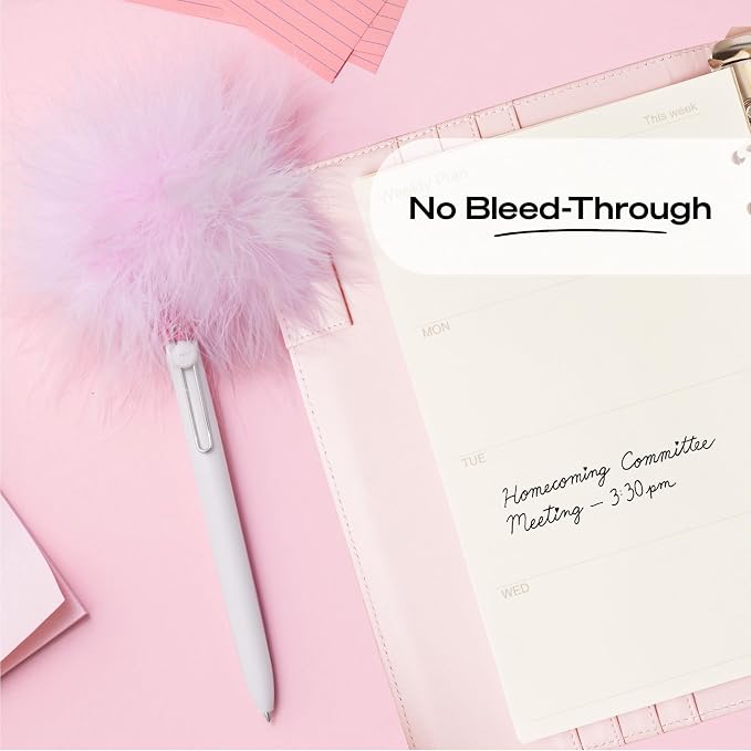 uniball™ The Elle Pen Set, Zento Gel Pens, Black Ink, 4 Count | Pink Puff included, 0.7mm Medium Point, Retractable, Smooth Writing, Quick-Drying, No Smear, No Bleed