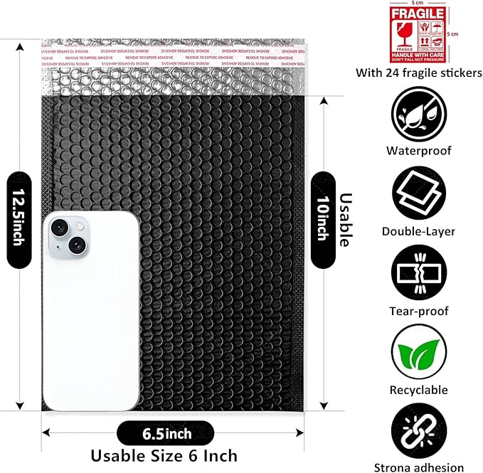 Bubble Mailers 6x12'' 100 Pack and 24PCS Fragile Stickers Black Thick Waterproof Padded Poly Envelopes Bubble Wrap Mailers Self Seal Shipping Bags for Mailing Small Business Homes Envelope Mailers #0