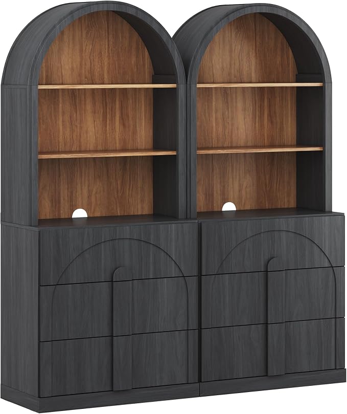 BELLEZE Arched Bookshelf with 3 Drawers Set of 2, 71" Tall Modern Wood Display Cabinet with Hutch, Modern Book Case Shelf with Storage Versatile Cupboard for Living Room Office, Ebony