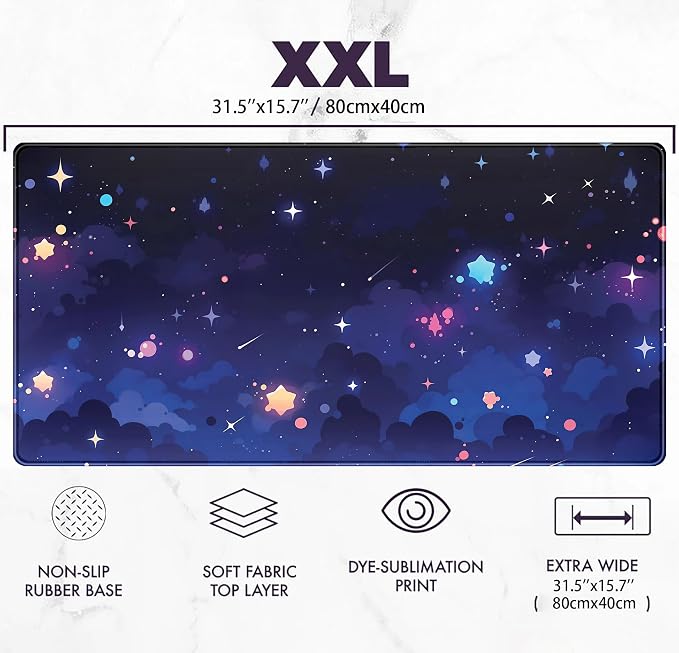 Blue Stars Desk Mat Cute Cloud Desk Pad, Aesthetic Starry Sky Mouse Mat Gaming Mousepad XXL, Extra Large Deskktop Mats for Keyboard and Mouse, Computer Laptop Mat Kawaii Desk Decor 31.5"x15.75"
