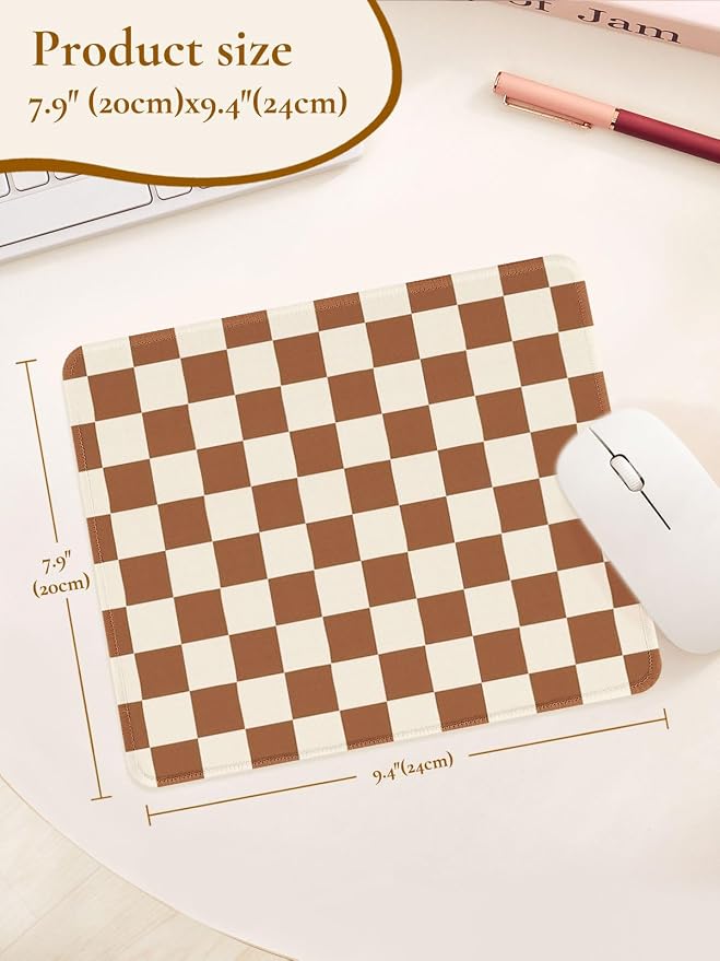 Cute Brown Mouse Pad,Retro Checkered Pattern Mousepad,Square Aesthetic Plaid Waterproof Grid Mouse Mat Design, Non-Slip Rubber Base Computer Funny Boho Small Mouse Pads, Desk Accessories