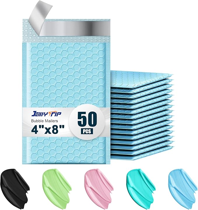 Poly Bubble Mailers 4x8 Padded Envelopes #000 50pcs, Self Seal Shipping Envelopes Padded Packaging for Small Business (Light Blue)