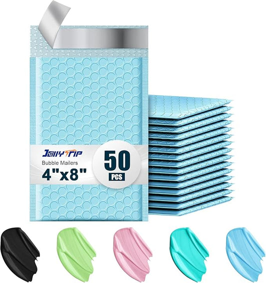 Poly Bubble Mailers 4x8 Padded Envelopes #000 50pcs, Self Seal Shipping Envelopes Padded Packaging for Small Business (Light Blue)