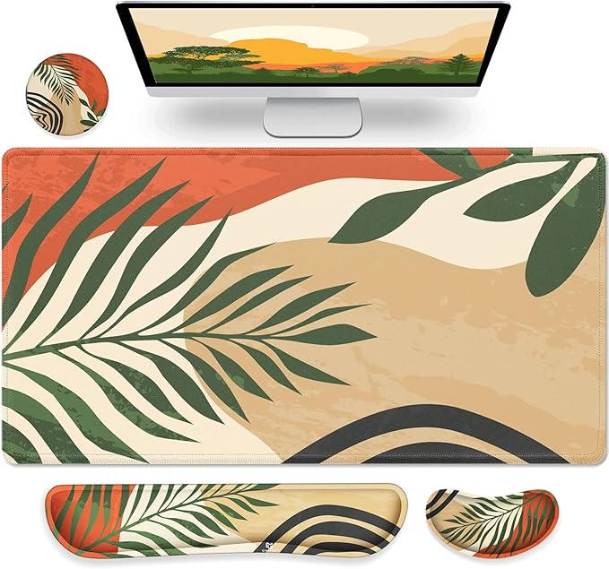 Gimars 4 in 1 Mouse Pad and Keyboard Wrist Rest Set, Large Mouse Pad with Memory Foam Wrist Support Pad for Desk with Coaster, Easy Typing Pain Relief, Gaming Office Home 31.5x12 in, Morandi Orange