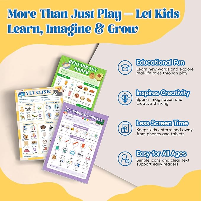 10 Pack Kids Pretend Play Notepads, 40 Pages Kids Playtime Pads, 4'' x 6'' All Roles Imaginative Role Play Activity Set, Educational Toys for Toddlers