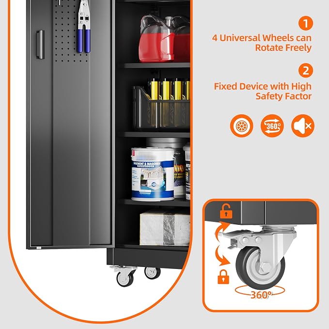 71" Metal Storage Cabinet with Wheels, Pegboard, Lock, 5 Shelves (Pack of 2)