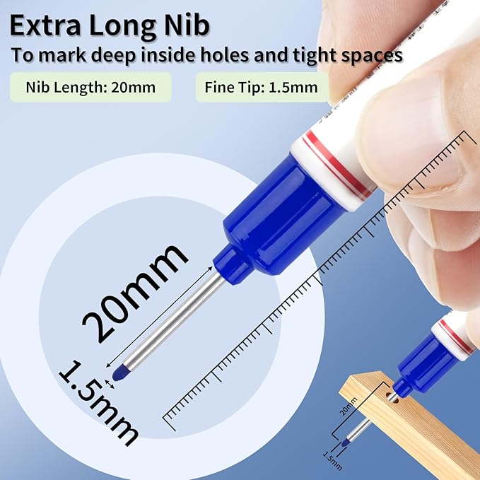 15 Pcs Long Nib Marker, 20 mm Long Head Deep Hole Marker Pens, Fine Nose Tip Deep Reach Permanent Paint Markers for Metal, Marking Pen for Drilling, Carpenter, Woodworking, Construction (Blue)