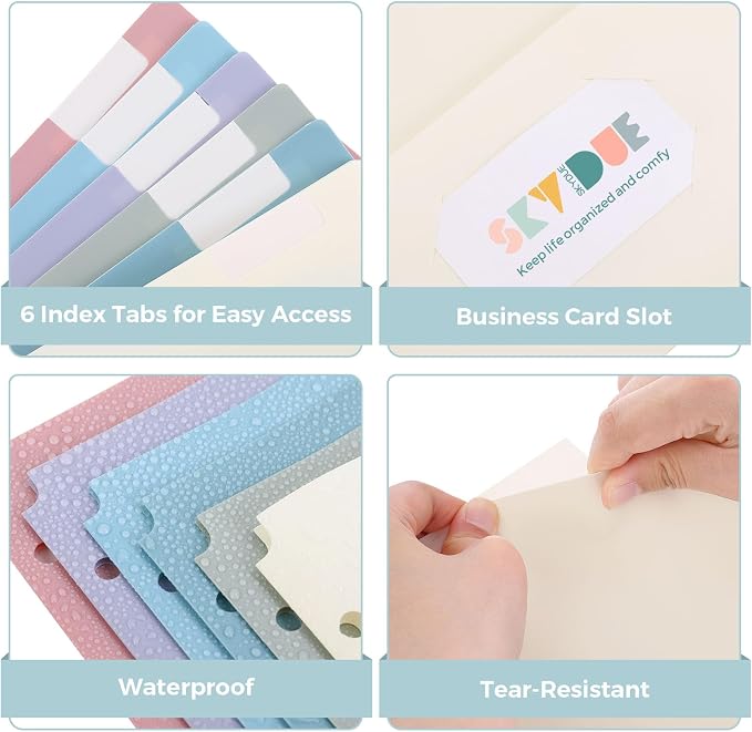 SKYDUE Plastic Folders with Pockets, 6 Pack File Folders with Tabs & Stay-Put Flaps, 3 Hole Punch 2 Pocket Folders for 3 Ring Binder, Letter Size Document Organizer for School Office, Boho Pastels