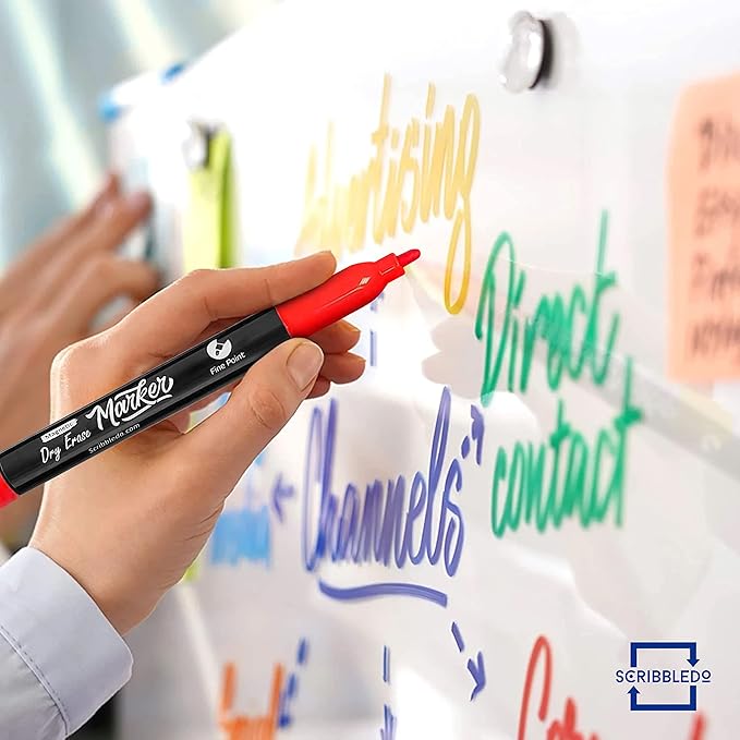 Scribbledo 4 Magnetic Dry Erase Markers Fine Tip Assorted Classic Colors Low Odor Whiteboard Markers with Eraser Cap Thin Skinny White Board Markers for Adults Students Teachers Art Home & School