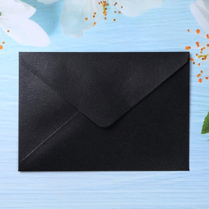 PONATIA 50 Pieces/Pack A7 Envelopes, 5.25 x 7.25'' Black Shiny Envelopes Perfect for 5x7'' Invitation Cards, Weddings Invitations, Photos, greeting Cards, Christmas Gift Cards