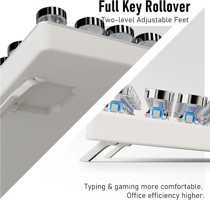 Wired Typewriter Style Mechanical Gaming Keyboard with White Backlit-White | Retro Punk Round Keycaps, Metal Panel, Clicky Blue Switch, 104 Keys Full Size Desk Setup for Windows PC, Mac, Desktop, Laptop